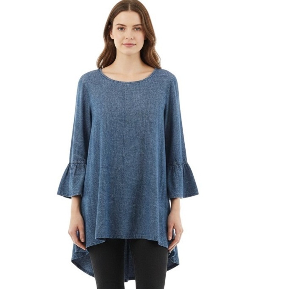 Crown Linen Designs Tunic Top Womens Medium Blue 100% Linen Flare Sleeve Hi‎ Low